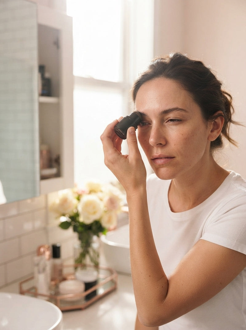 A woman applying an eyebrow stamp in a bathroom mirror during her morning routine.